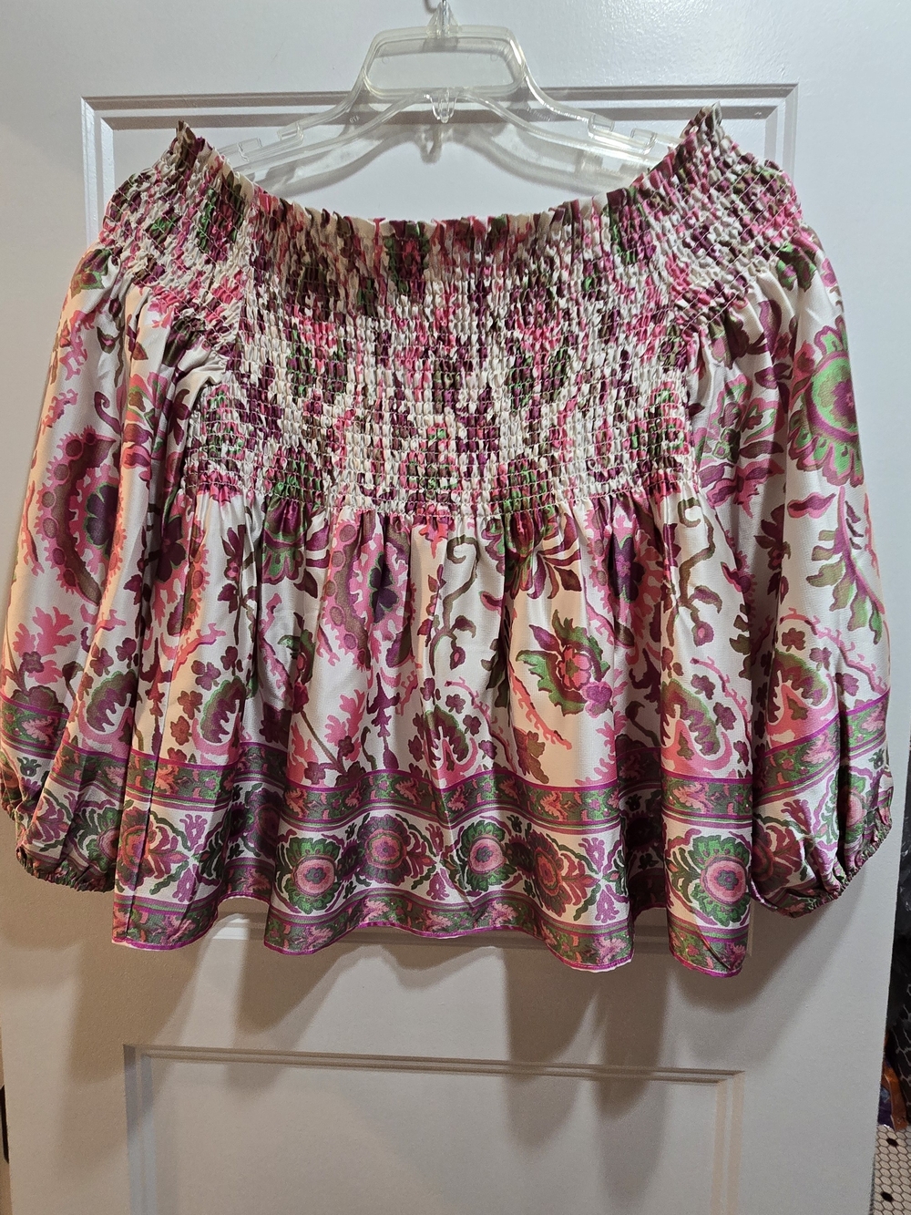 Jade Off-Shoulder Smocked Floral Blouse in Pink and Green Size M